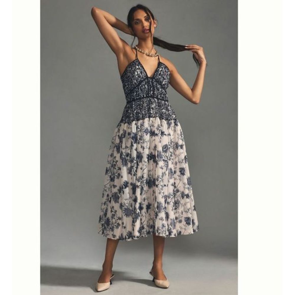 👗Anthropologie Floral Ruched Bodice Maxi Dress XL NWT Black White V-Neck Halter